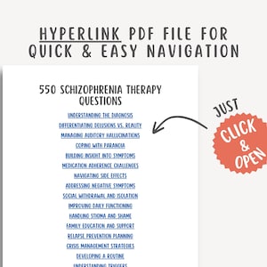 K&ouml;nnte beinhalten: Ein wei&szlig;es Dokument mit dem Text "550 SCHIZOPHRENIA THERAPY QUESTIONS" und einer Liste verwandter Themen. Das Dokument enth&auml;lt auch den Text "HYPERLINK PDF FILE FOR QUICK & EASY NAVIGATION" und einen roten Kreis mit den Worten "CLICK & OPEN".
