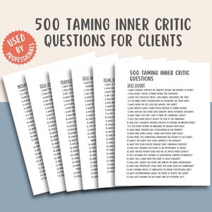 May include: A set of five white cards with black text, each card containing a list of questions for self-reflection. The cards are titled "Negative Self-Talk", "Self-Care", "Perfectionism", "Self-Motivation", and "Fear of Failure". The cards are part of a larger set of 500 questions for taming inner critic.