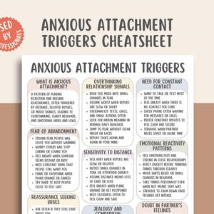 May include: A white and beige infographic titled "Anxious Attachment Triggers Cheatsheet" with text describing anxious attachment patterns, fear of abandonment, and reassurance seeking urges. A red circular sticker reads "Used by Professionals."