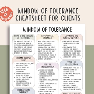 May include: A white and beige infographic titled "Window of Tolerance Cheatsheet for Clients." The infographic explains the window of tolerance, optimal arousal zone, and signs of dysregulation. It also includes tools for re-regulation and expanding the window.