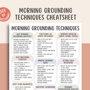 May include: An infographic in white and beige, titled "Morning Grounding Techniques Cheatsheet", detailing morning grounding techniques, deep breathing exercises, and sensory check-in methods. A red sticker says "Used by Professionals."