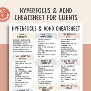May include: A white and beige infographic titled "Hyperfocus & ADHD Cheatsheet for Clients." The infographic includes sections on hyperfocus, its causes, signs, benefits, and strategies. A red circular sticker reads "Used by Professionals."