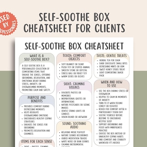 Puede incluir: Una hoja de trucos de la caja de autocalma para clientes, con un gráfico circular rojo y blanco que dice "Usado por profesionales". La tabla enumera elementos para cada sentido, incluyendo el tacto, la vista, el gusto y el sonido.