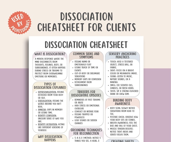 Dissociation Cheatsheet, Trauma Recovery Tool, Grounding Techniques, Mental Health Printable, Therapy Resource, Mind Body Awareness Guide