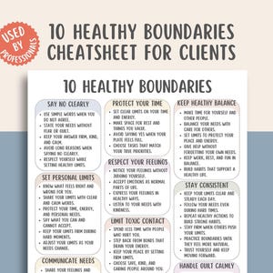 以下が含まれることがあります： 10 Healthy Boundaries Cheatsheet for Clientsというタイトルの白い情報ドキュメント。Used by Professionalsと書かれた赤い円形のバッジが付いています。テキストには、Say No Clearly、Protect Your Time、Respect Your Feelingsなど、10の項目が記載されています。