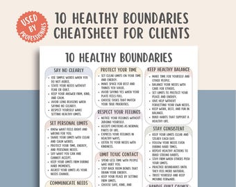 Op de afbeelding: Een wit informatiedocument getiteld 10 Healthy Boundaries Cheatsheet for Clients, voorzien van een rode ronde badge met de tekst Used by Professionals. De tekst bevat tien punten, waaronder Say No Clearly, Protect Your Time en Respect Your Feelings.