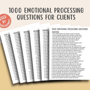May include: A set of five black and white printable cards with 1000 emotional processing questions for clients. The cards are labeled with the categories: Love, Identity, Growth, Resilience, Dreams, and Gratitude. The cards are designed to help clients process their emotions and develop self-awareness.
