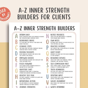 May include: A white and beige A-Z Inner Strength Builders poster for clients. The poster features a list of affirmations, such as "Affirm Daily" and "Boundaries Brave", with a red "Used by Professionals" sticker in the upper left corner.