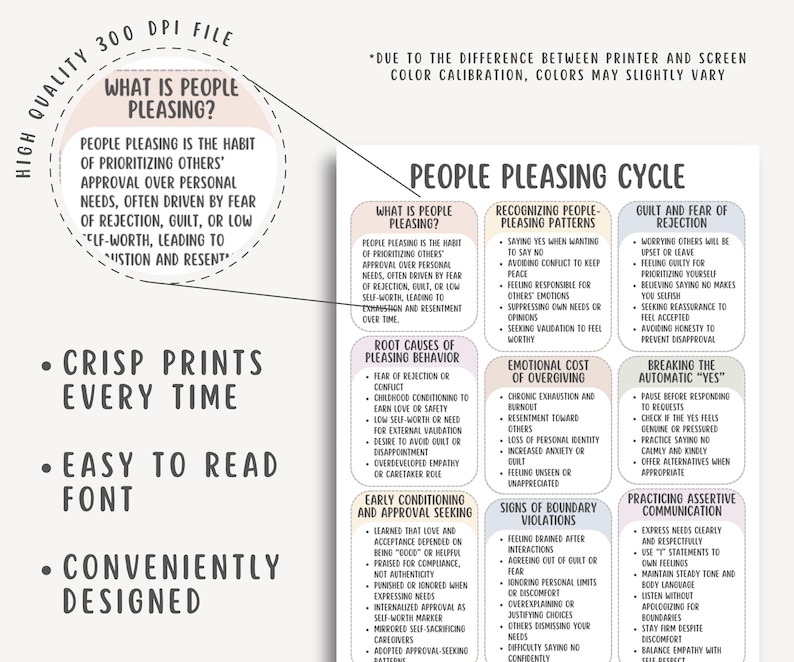 People Pleasing Cycle Cheatsheet, Boundary Setting Guide, Self Worth Workbook, Emotional Awareness, Codependency Recovery, Personal Growth