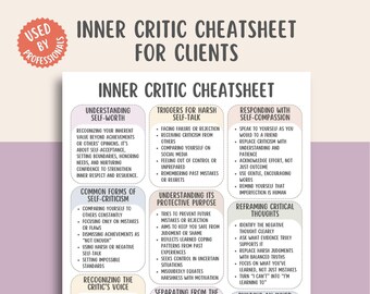 May include: A white and beige infographic titled "Inner Critic Cheatsheet for Clients" with sections on self-worth, self-criticism, and self-compassion. The text is in black, with red accents and a pink "Used by Professionals" sticker.