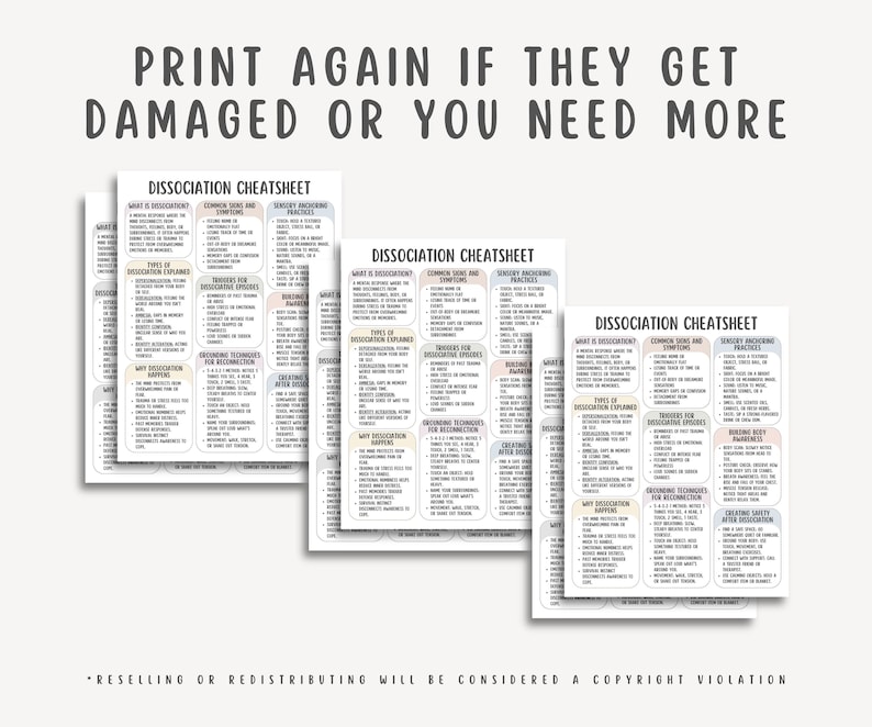 Dissociation Cheatsheet, Trauma Recovery Tool, Grounding Techniques, Mental Health Printable, Therapy Resource, Mind Body Awareness Guide
