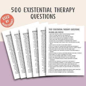 Puede incluir: Un conjunto de tarjetas blancas con el texto "500 Preguntas de Terapia Existencial" y las palabras "Usado por profesionales". Las tarjetas están organizadas por temas, incluyendo Libertad, Muerte y Ansiedad.