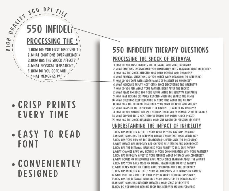 550 Infidelity Therapy Questions, Affair Recovery, Marriage Counseling, Trust Rebuilding, Relationship Healing, Couples Therapy Workbook