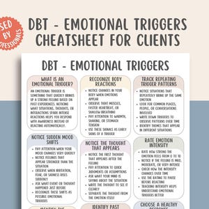 May include: A DBT Emotional Triggers Cheatsheet for Clients. The white paper includes sections on emotional triggers, body reactions, mood shifts, and thought patterns. The document is designed for professionals and includes a red and white circular seal.