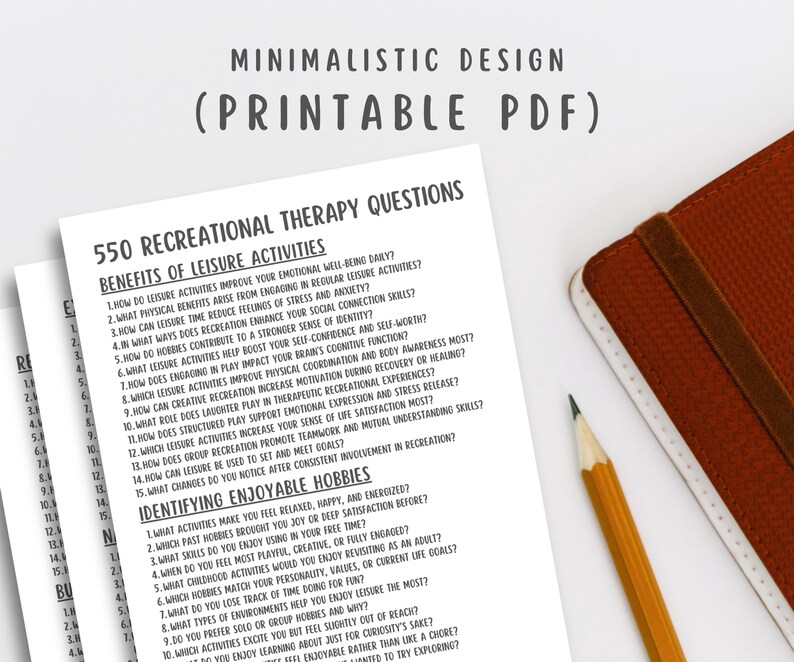 550 Recreational Therapy Questions, Leisure Therapy PDF, Activity Planner, Mental Health Tool, Self-Care, Printable, Counseling Guide