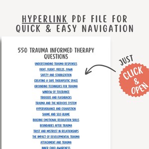 550 Trauma Informed Therapy Questions, Trauma Worksheets, Healing Workbook, Mental Health PDF, Therapy Prompts, Printable Resource