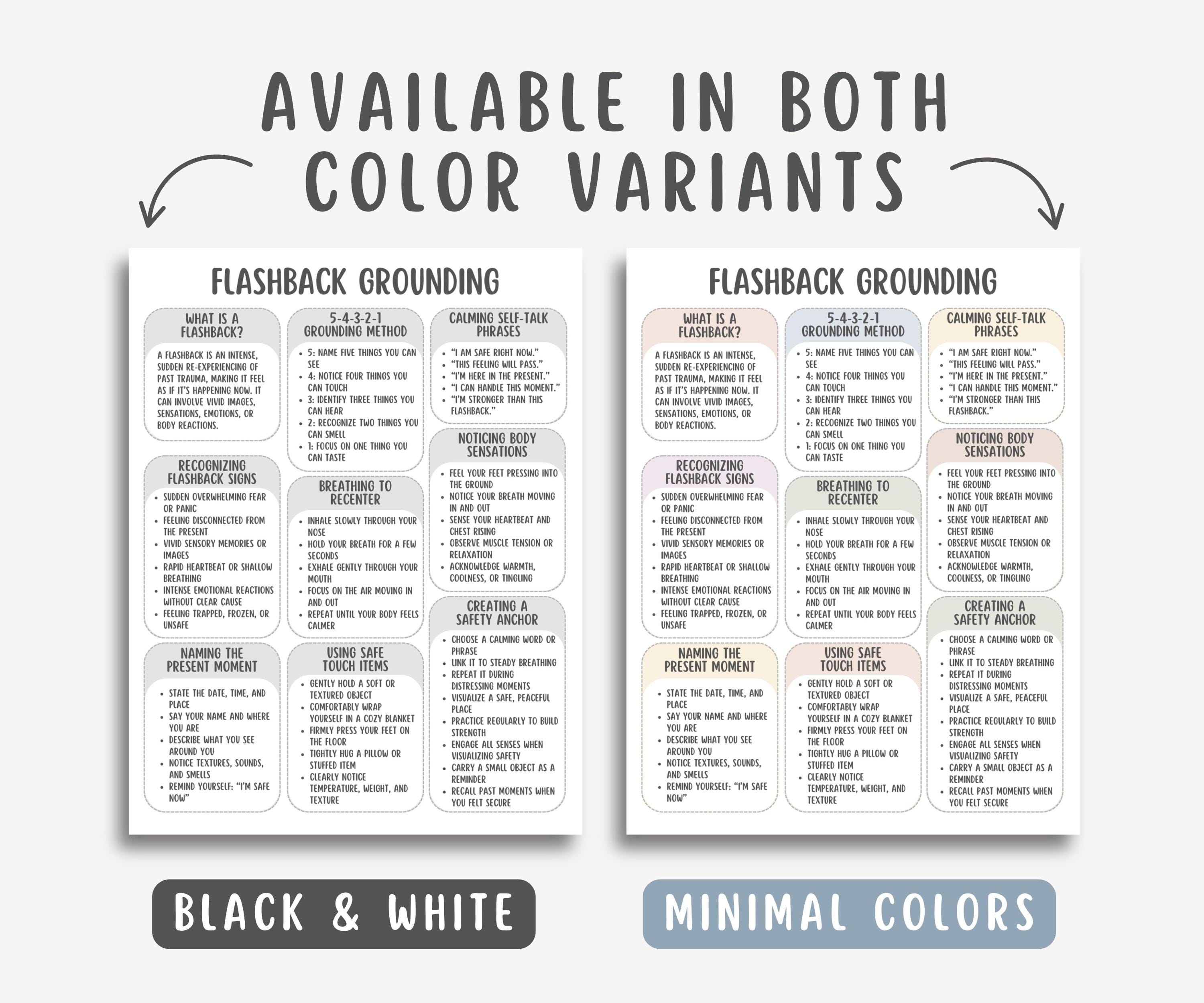 Flashback Worksheets.pdf Flashback Grounding Cheatsheet, Trauma Recovery Guide, Anxiety Coping ...
