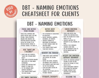 Op de afbeelding: Een witte DBT (Dialectische Gedragstherapie) cheat sheet voor cliënten, getiteld "DBT - Naming Emotions". De gids bevat secties over het opmerken van gevoelens, lichaamssensaties en emotie-intensiteit. Er is ook een "Used by Professionals" logo.