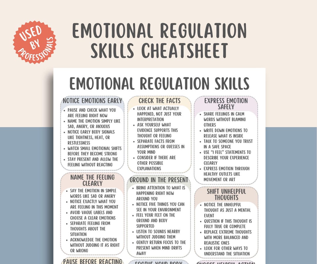 Emotional Regulation Skills Cheat Sheet, Emotion Control Workbook, Mood ...