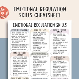 Può includere: Un'infografica bianca e viola intitolata "Emotional Regulation Skills Cheatsheet". Offre indicazioni sulla gestione delle emozioni, tra cui notare le emozioni, controllare i fatti ed esprimere i sentimenti in modo sicuro.