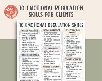 Spiekbriefje met 10 vaardigheden voor emotionele regulatie, DBT-werkboek voor copingvaardigheden, handleiding voor emotiemanagement, hulpmiddelen voor zelfregulatie, printbare handleiding voor stemmingsbeheersing