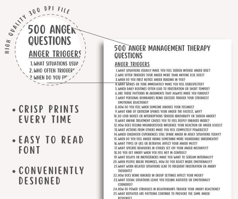 500 Anger Management Therapy Questions, Mental Health Journal, Coping ...