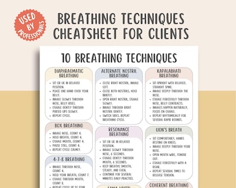 Cheatsheet 10 ademhalingstechnieken, ontspanningsoefeningen, angstverlichting, gids voor stressbeheersing, oefenblad mindfulness, hulpmiddel bij kalmte