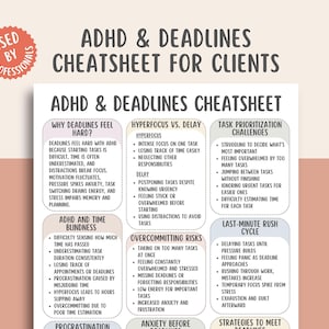 May include: A white paper titled "ADHD & Deadlines Cheatsheet for Clients" with detailed information on ADHD, time management, and task prioritization. The paper includes sections on why deadlines feel hard, hyperfocus vs. delay, and overcommitting risks.