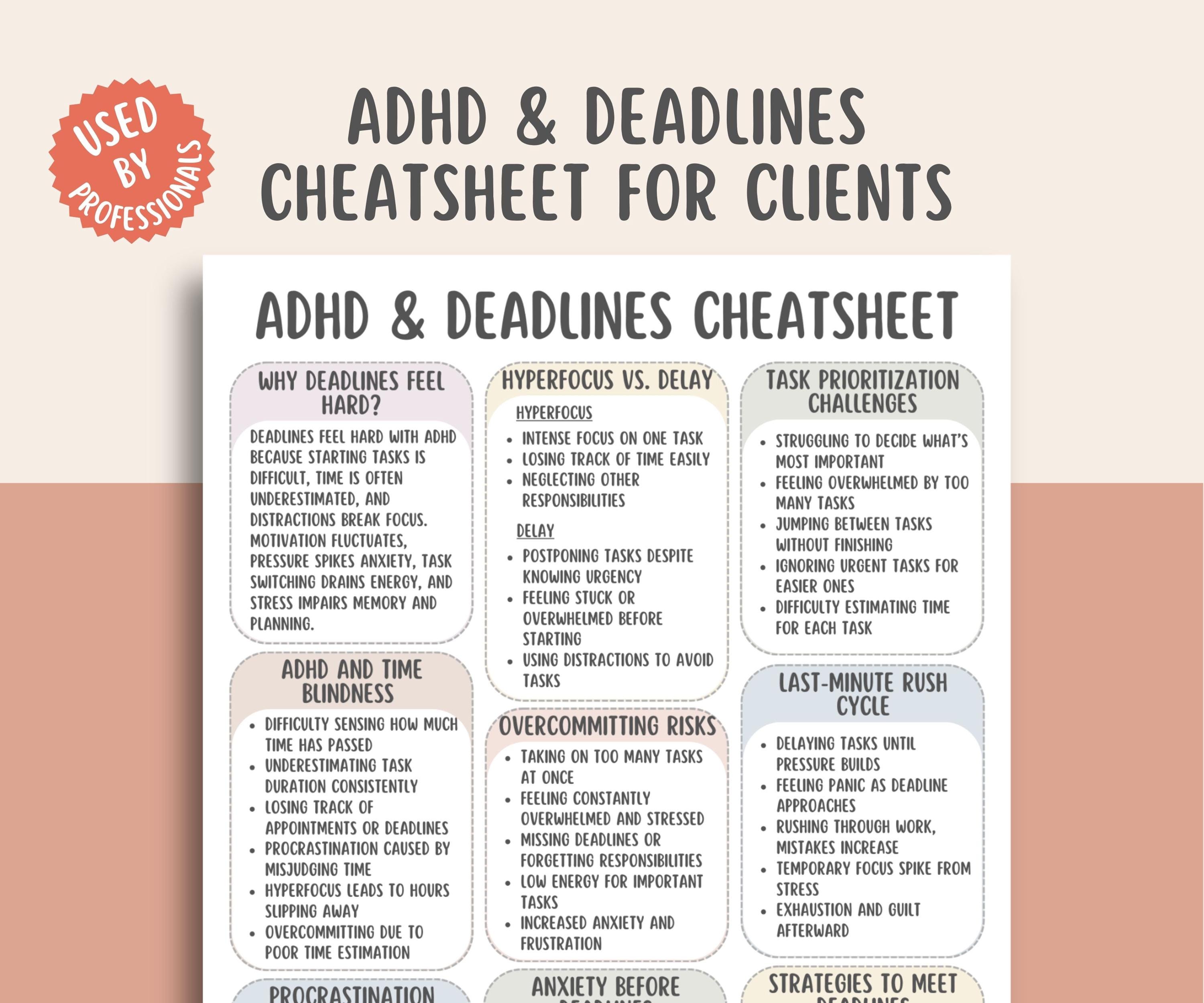 Dysfunction Worksheet ADHD & Deadlines Cheatsheet, Time Blindness Worksheet, Executive ...