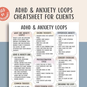 Può includere: Un foglio bianco intitolato "ADHD & Anxiety Loops Cheatsheet for Clients" con informazioni dettagliate sui cicli di ansia, i pensieri accelerati e l'ansia da iperfocalizzazione. Il documento include elenchi puntati ed è destinato ai professionisti.