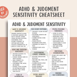 May include: A white and beige ADHD & Judgment Sensitivity Cheatsheet with text detailing self-doubt patterns, people-pleasing tendencies, and emotional overreaction. The top of the sheet reads "ADHD & JUDGMENT SENSITIVITY CHEATSHEET".