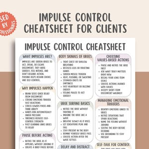Könnte beinhalten: Ein Impulskontroll-Spickzettel für Klienten, mit weißem und violettem Text. Er behandelt Themen wie Impulse, Körpersignale und wertebasierte Handlungen. Oben steht "Verwendet von Fachleuten" in einem Kreis.