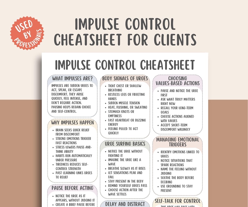 Impulse Control Cheatsheet, Urge Management Skills, Emotional ...