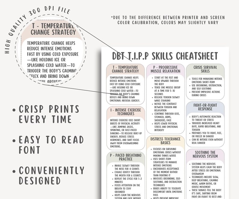 DBT TIPP Skills Cheat Sheet PDF, Therapy Worksheet, Coping Skills Guide ...