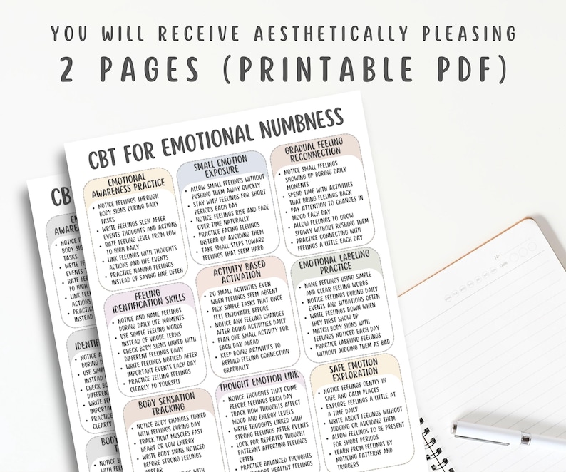 CBT for Emotional Numbness Cheat Sheet, Feeling Reconnection Workbook ...