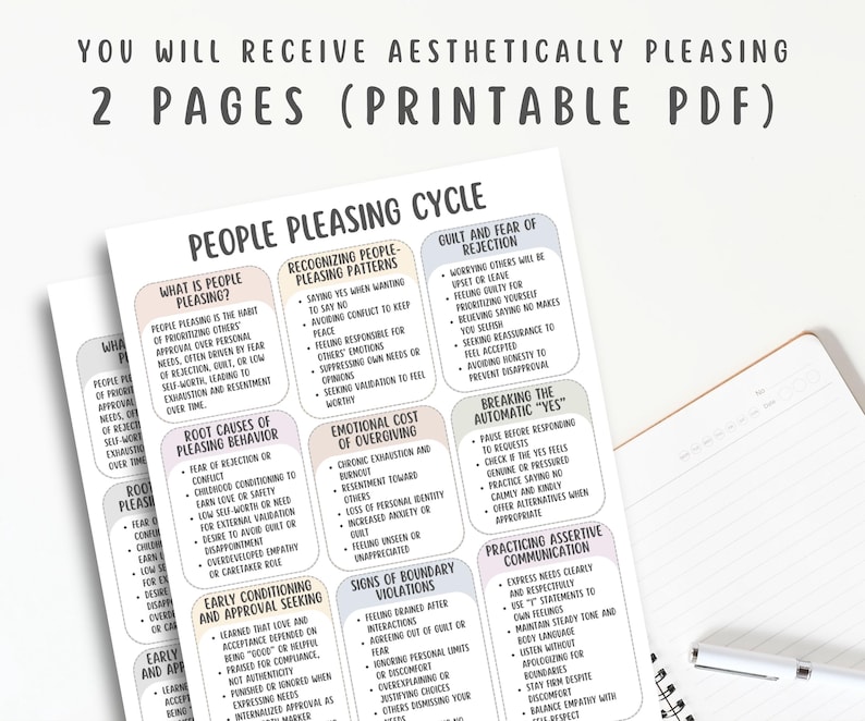 People Pleasing Cycle Cheatsheet, Boundary Setting Guide, Self Worth Workbook, Emotional Awareness, Codependency Recovery, Personal Growth