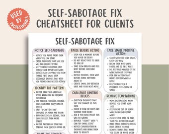 Cheatsheet voor zelfsabotagecorrectie, werkboek met negatieve patronen doorbreken, gids voor mentaliteitsverandering, tool voor het opbouwen van vertrouwen, afdrukbare gewoontes, CGT