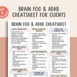 May include: A white and beige infographic titled "Brain Fog & ADHD Cheatsheet for Clients." The sheet lists symptoms, triggers, and solutions for brain fog and ADHD, including focus tips and clarity reset tools. The text is in a sans-serif font.