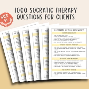 Puede incluir: Un conjunto de cinco hojas de trabajo imprimibles con 100 preguntas de terapia socrática sobre la ansiedad. Las hojas de trabajo se dividen en cuatro secciones: Entender la ansiedad, Explorar pensamientos y creencias, Identificar mecanismos de afrontamiento y Entender los desencadenantes. Cada sección contiene una lista de preguntas para ayudar a los clientes a explorar sus pensamientos y sentimientos sobre la ansiedad.