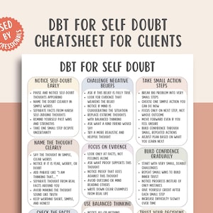 May include: A white paper titled "DBT for Self Doubt Cheatsheet for Clients" with a pink circular sticker that says "Used by Professionals." The paper has several bulleted lists with advice on managing self-doubt.