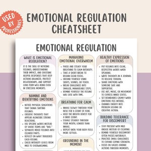 Pode incluir: Um cartaz informativo intitulado "Emotional Regulation Cheatsheet" com texto sobre gestão de emoções, expressão saudável e construção de tolerância. O cartaz tem um fundo branco com detalhes em roxo e pêssego.