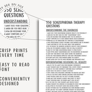 K&ouml;nnte beinhalten: Ein wei&szlig;es Papier mit schwarzem Text, der 550 Fragen zur Schizophrenie-Therapie auflistet. Die Fragen sind in Abschnitte unterteilt: Verst&auml;ndnis der Diagnose und Unterscheidung von Wahnvorstellungen und Realit&auml;t. Das Papier hat eine gut lesbare Schrift.