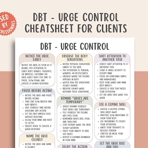May include: A white and beige DBT (Dialectical Behavior Therapy) urge control cheatsheet for clients. The document includes strategies for managing urges, such as noticing early signs, observing body sensations, and shifting attention. The text is in a sans-serif font.