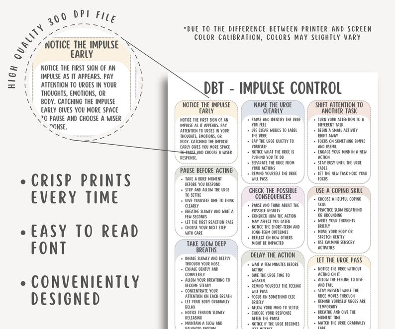 DBT Impulse Control Cheatsheet, Urge Management Worksheet, Self Control ...