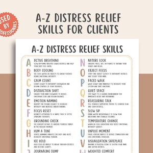 Puede incluir: Póster de Habilidades de Alivio del Estrés A-Z para clientes, con una lista de mecanismos de afrontamiento. El póster incluye técnicas como la respiración activa, el enfriamiento corporal y la comprobación de la conexión a tierra.