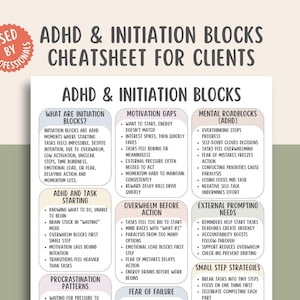 May include: A white and beige ADHD & Initiation Blocks Cheatsheet for Clients. The document includes sections on initiation blocks, motivation gaps, mental roadblocks, and small step strategies. The text is in a sans-serif font.