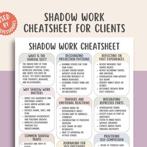 Puede incluir: Una hoja de trucos de trabajo de sombra blanca y beige para clientes, con texto que incluye "Shadow Work Cheatsheet" y "Used by Professionals". La hoja describe el yo sombra, los patrones de proyección y las reacciones emocionales.