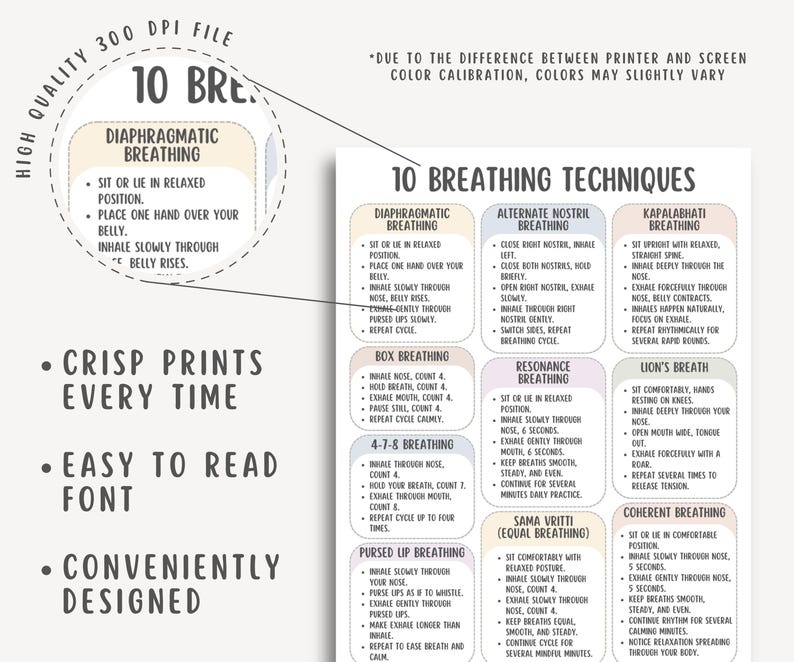 10 Breathing Techniques Cheatsheet, Relaxation Exercises, Anxiety Relief, Stress Management ...