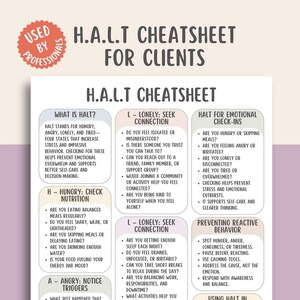 Può includere: Un foglio di carta bianco intitolato "H.A.L.T. CHEATSHEET FOR CLIENTS" con un adesivo circolare rosa con la scritta "USED BY PROFESSIONALS". Il documento fornisce indicazioni sulla gestione delle emozioni.