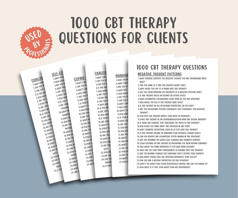 1000 CBT Therapy Questions, Cognitive Behavioral Therapy Resources, Therapy Interventions, Negative Thought Patterns, Self Esteem Worksheets